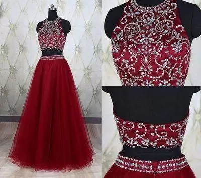 Two Piece Halter Burgundy Sleeveless Prom Dresses Sparkle Formal Dress For Teens