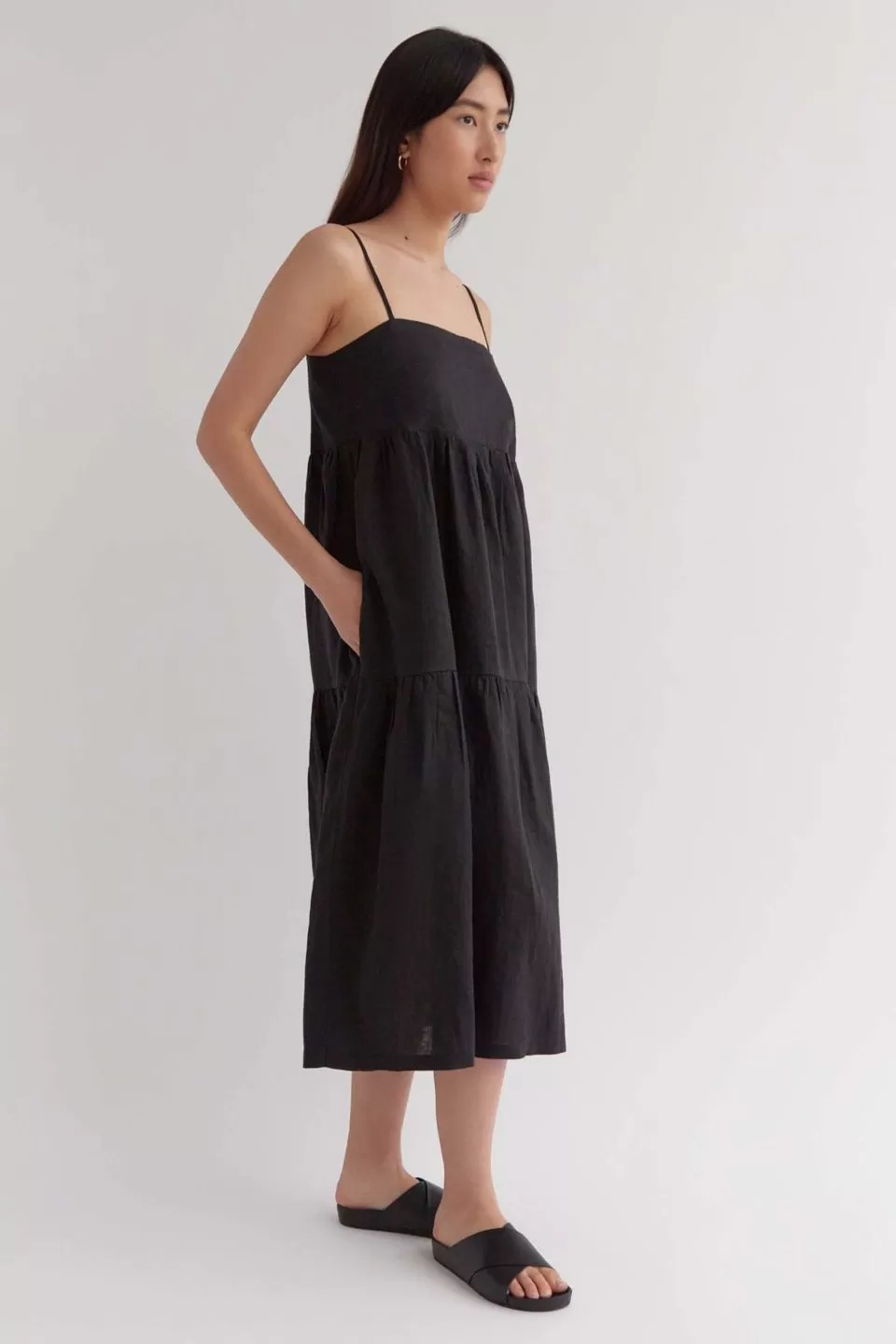 Willow True Black Strappy Tiered Midi Linen Dress