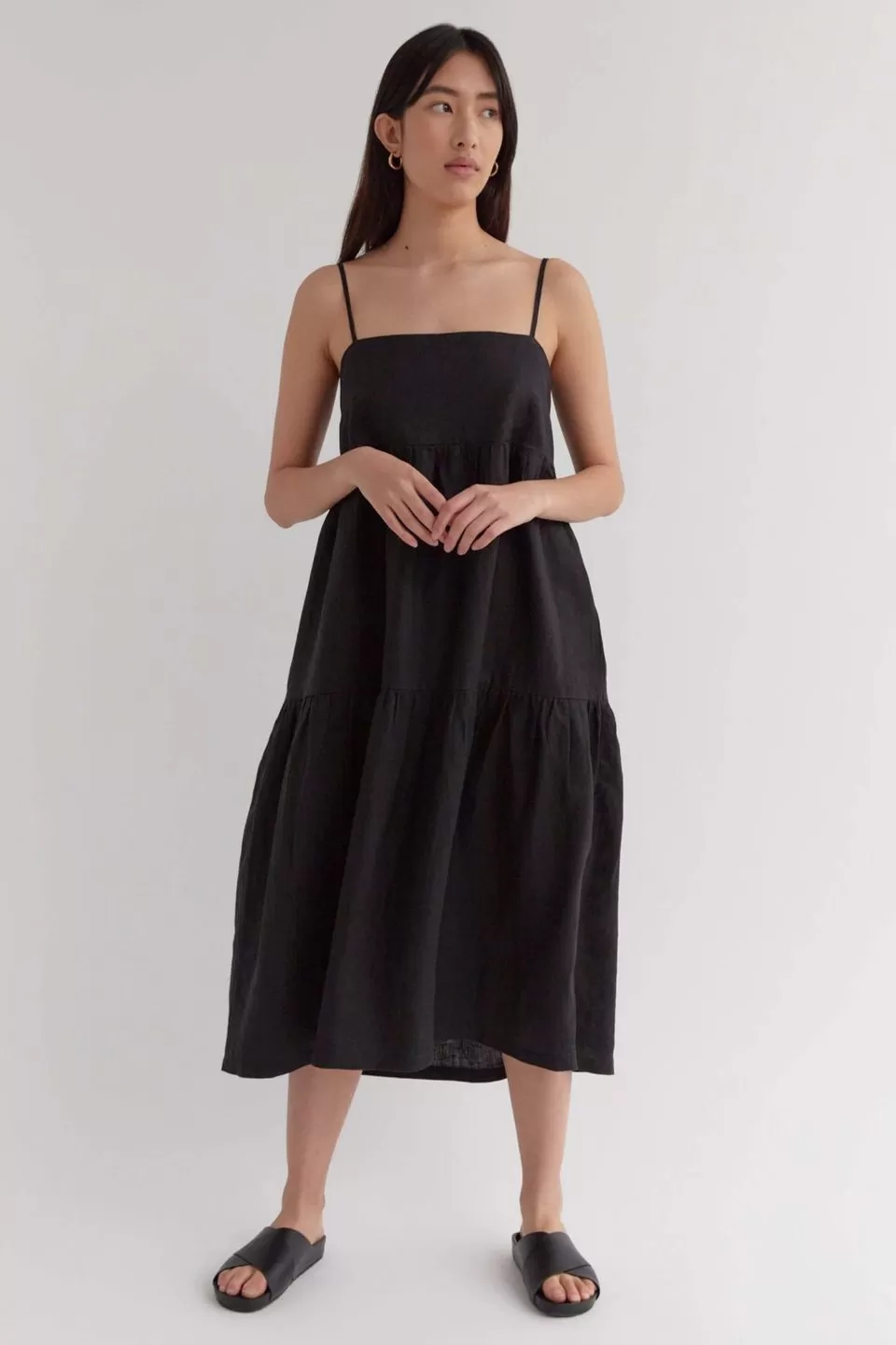 Willow True Black Strappy Tiered Midi Linen Dress