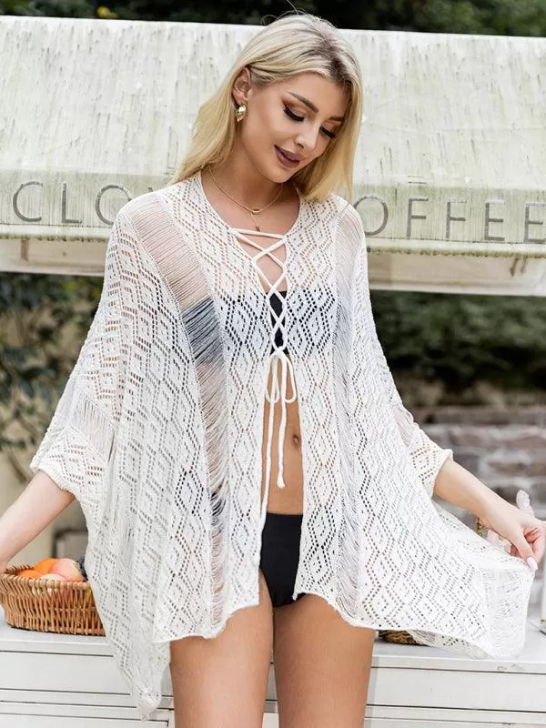 Women Solid Color Hollow Lace-Up Cardigan Beach Top