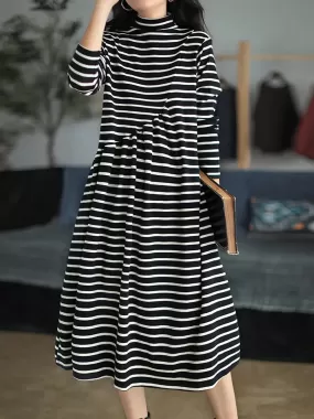 Women Stripe Turtleneck Cotton Dress