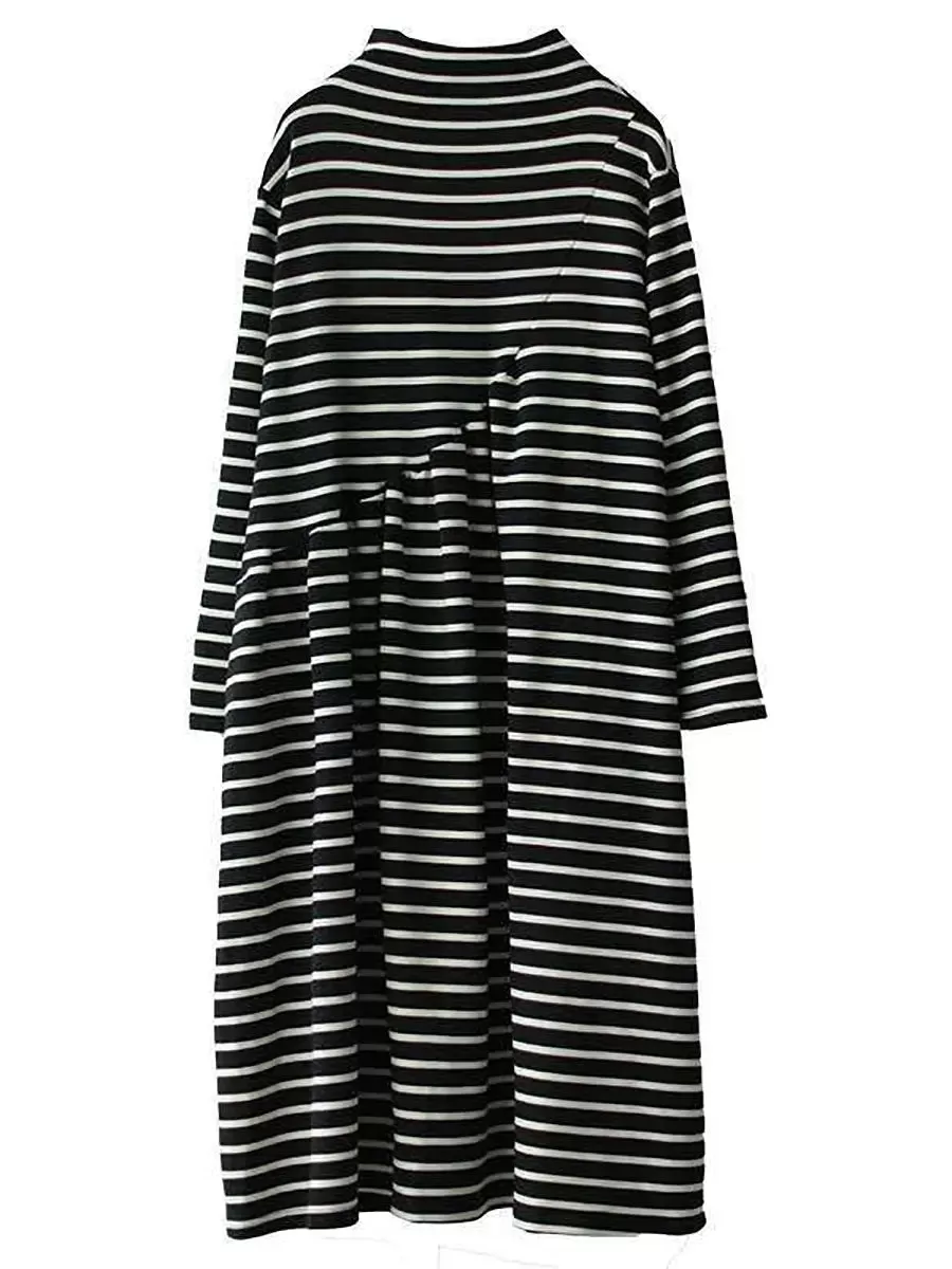 Women Stripe Turtleneck Cotton Dress