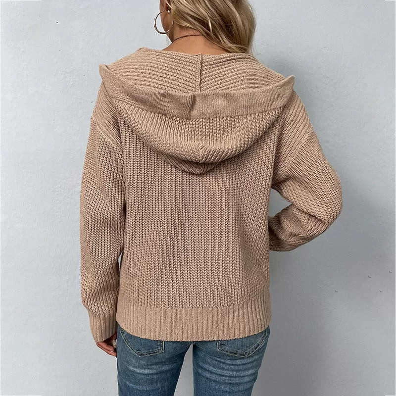 Women's Cardigans Kniting Plain Hoods Zippers Drawstring Pockets